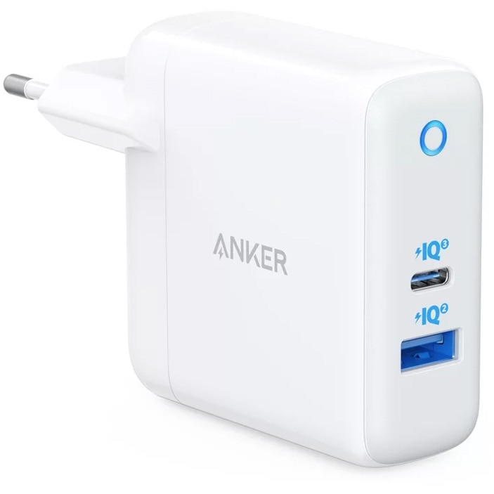 Incarcator retea Anker PowerPort PD+ 2, USB-C, USB-A, 35W, Alb-Gri