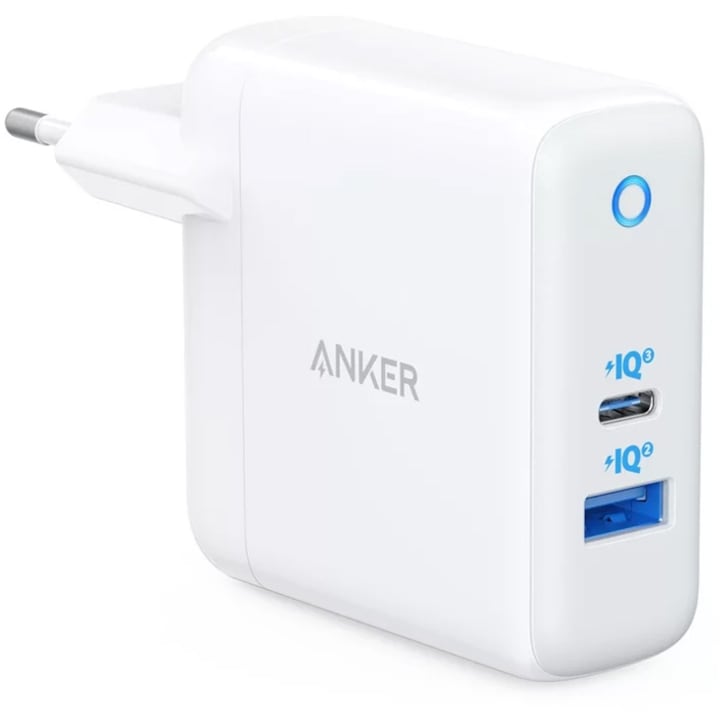 Мрежово зарядно устройство Anker PowerPort PD+ 2, USB-C, USB-A, 35W, Бял/Сив