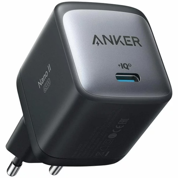 Мрежово зарядно Anker Nano II 65W, USB-C, PowerIQ 3.0, GaN II, Черен