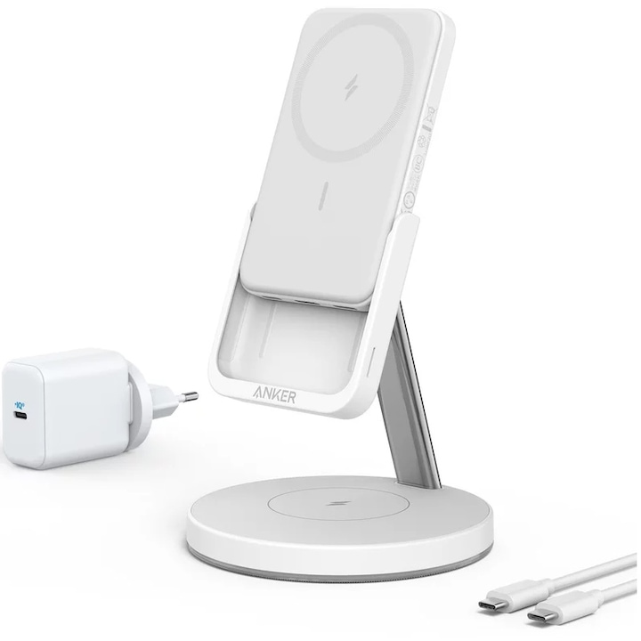 Безжично зарядно устройство Anker 633, MagGo 2in1, Със сваляща се външна батерия за iPhone 12/13, Dolomite White