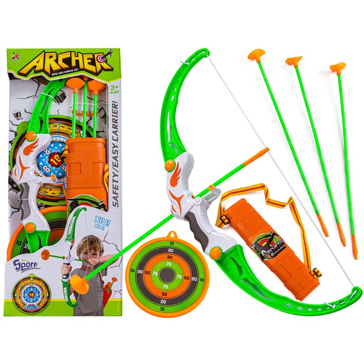 Комплект лък с аксесоари, мишена и стрели с вендузи, ChRLD, 55x20x4,5 см, многоцветен