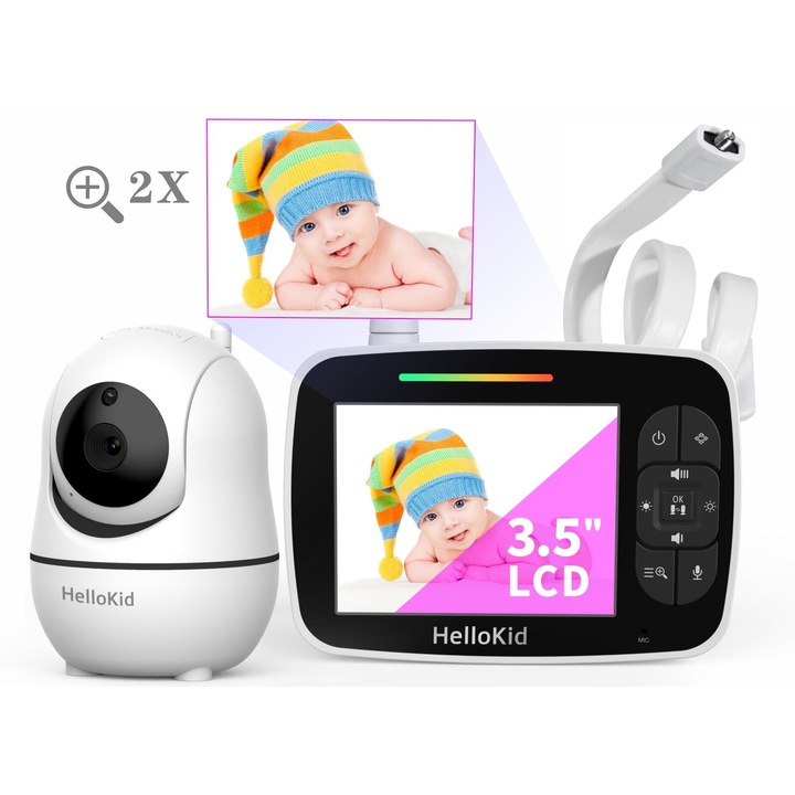 Бебефон Wireless, HelloKid SE 3.5” Ultra HD NightVision, Pan/Tilt 355°, Zoom 2X, ECO режим, Видео/Аудио, Температурен сензор, Възможност за разговор с бебето, Известия, Бяло