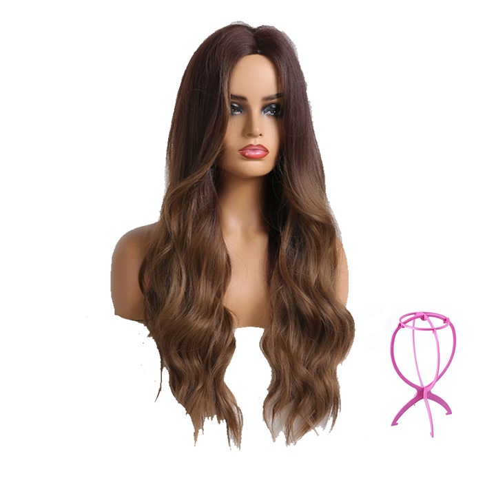 Peruca de dama, Par sintetic, 65 cm, Castaniu