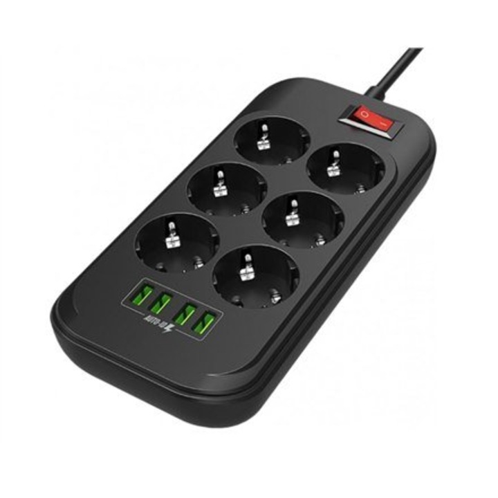 Удължител, 4 x USB, 2 м, 250 V, 6 гнезда, 17 W, черен
