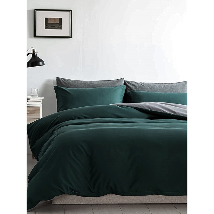 Памучно спално бельо ранфорс, тъмно зелено сиво, 2 лица, 50X70, 220X200, 4 части