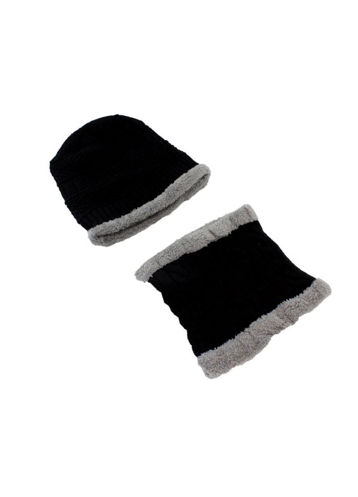 Set caciula si fular dama, Poliester, Negru/Gri