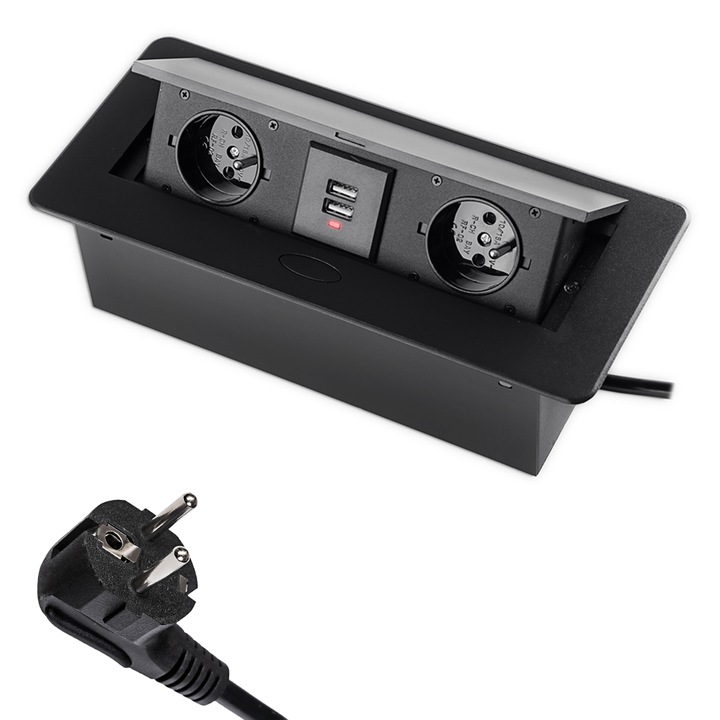 Гнездо за плот с отваряне с бутон, 2 контакта, двойно USB зарядно, черно, 1,5 м кабел