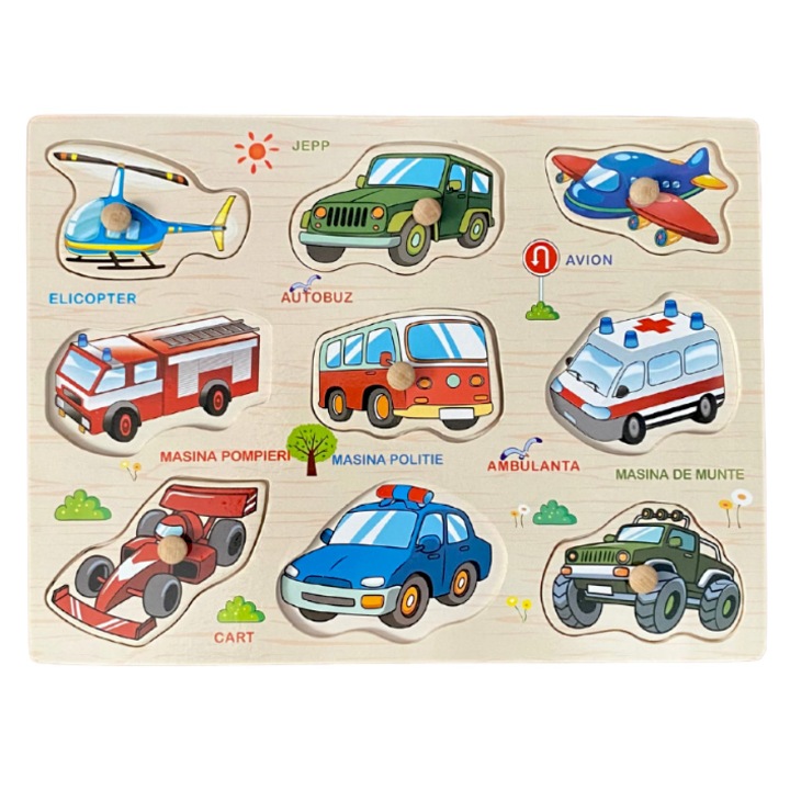 Süllyesztett fa puzzle gombokkal román nyelven 9 figurás JC33