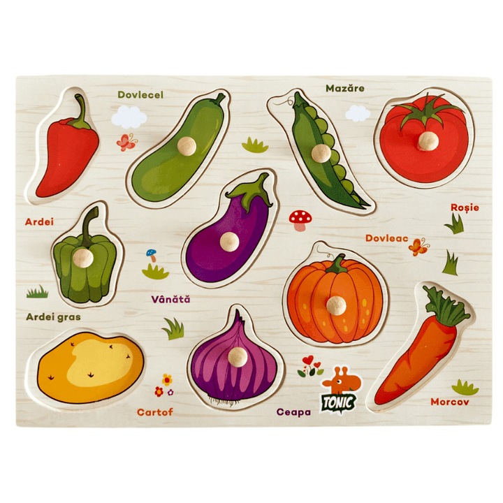 Román nyelvű gombos fa puzzle 10 db zöldséges JC34