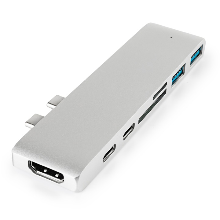 USB-C към 2x USB Multiport, 2x USB-C, Четец на карти, За Macbook Pro/Air, Сребрист