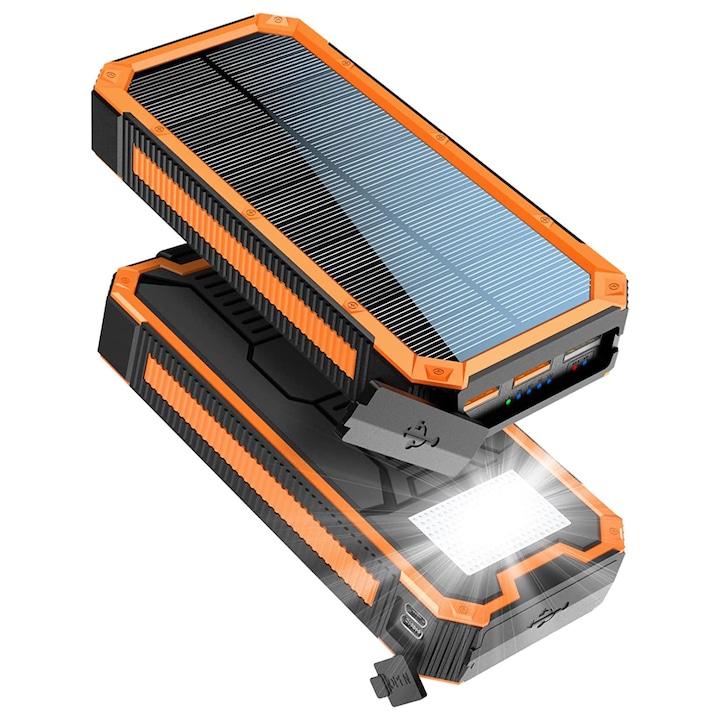 Соларна батерия, С ярко фенерче, 20000 mAh, PD 18W, QC3.0 бързо зареждане, 4 изхода, 2 входа, IP55 водоустойчив, Оранжево/Черно