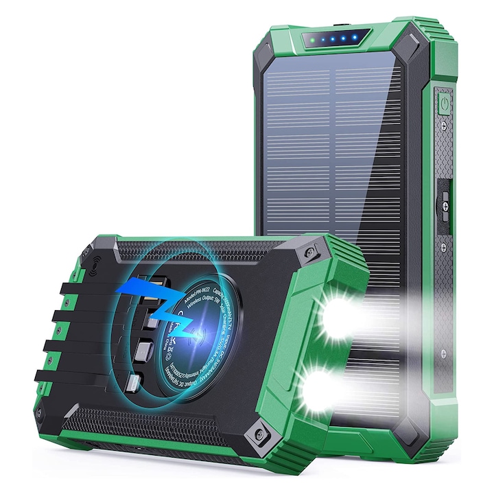 Външна батерия, Соларна, 30000mAh, С двойни LED фенерчета, 4 порта, Powerbank, Поддръжка на безжично зареждане, Зелен/Черен