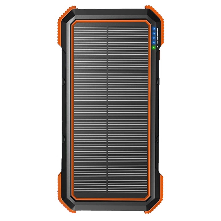 Solar Power Bank, 20000mAh, 4 изхода, PD 18W, QC3.0 бързо зареждане, поддръжка за безжично зарядно, IPX5 водоустойчив, с фенерче за къмпинг, компас и карабинер, 17,5×3×9 см, оранжево/черно
