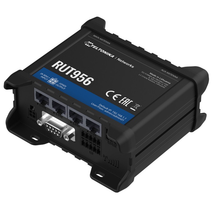 Router industrial 4G LTE Teltonika RUT956, Cat.4, WiFi, Dual SIM, GPS, 1x WAN, 3x LAN, model RUT956 200000, carcasă robustă pentru medii industriale, instalare rapidă, ideal pentru rețele mobile profesionale și aplicații IoT critice