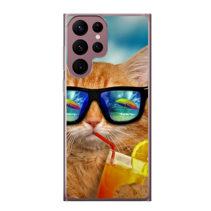 Husa personalizata HQPrint pentru Samsung Galaxy S22 Ultra, model Cool Cat, multicolor, S1D1M0031