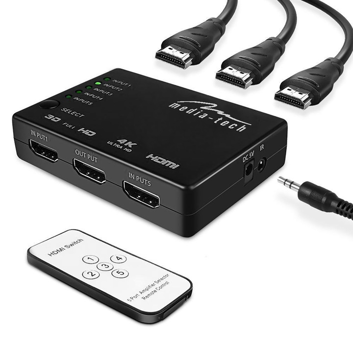 HDMI превключвател 5 портов Media-tech 5xHDMI SWITCH 4K MT5207, черен