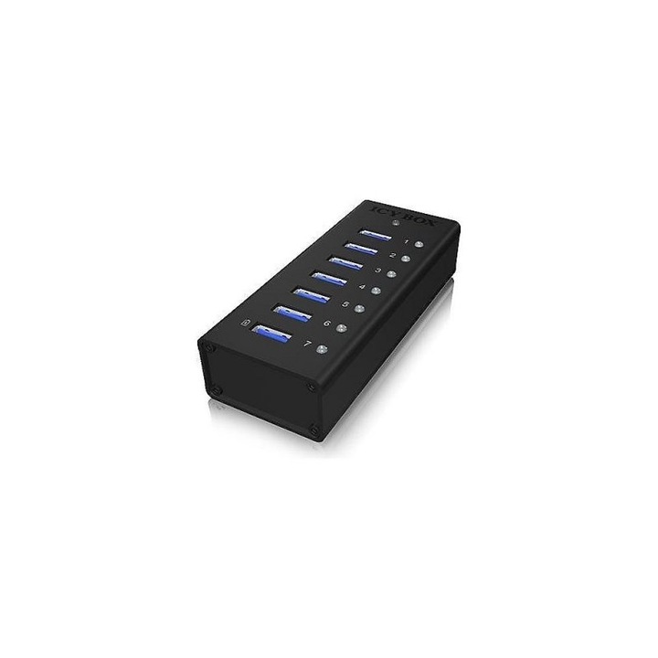 Raidsonic Hub, 7 порта, USB-A интерфейс, 1 порт за зареждане IB-AC618, черен, ICY BOX