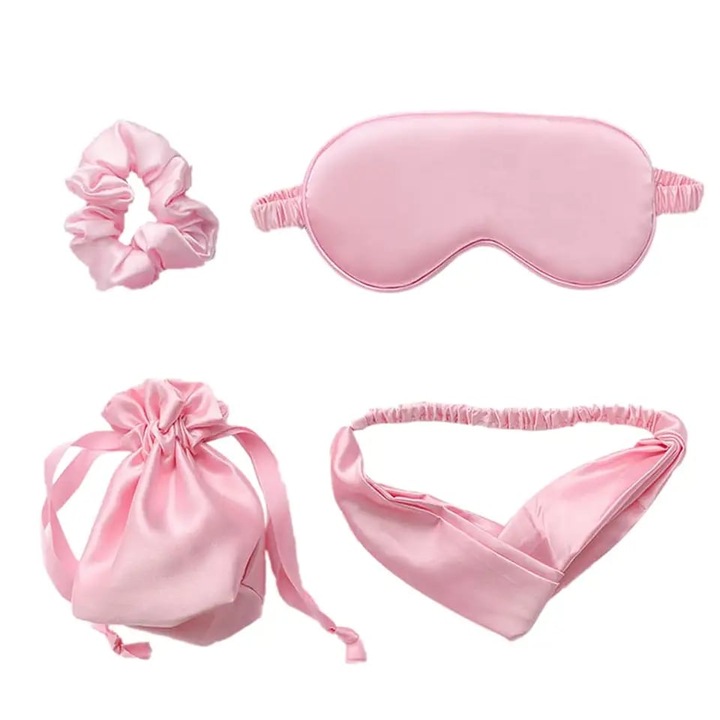 Set format din 4 accesorii din satin, masca pentru dormit, punguta depozitare, bentita si elastic pentru par, marime universala, roz