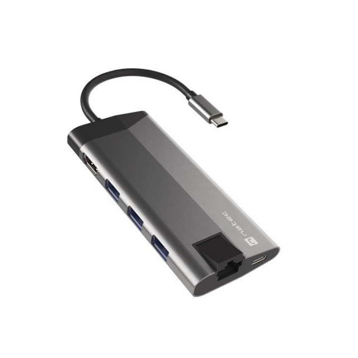 Multiport Fowler Plus USB-C PD, Natec, statie de andocare, 3x USB 3.0, HDMI 4K, RJ45, SD, micro SD