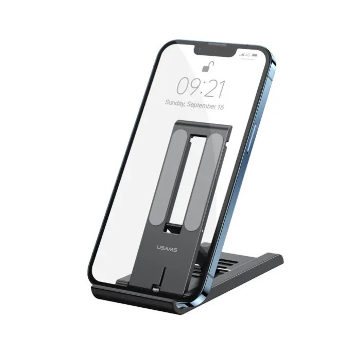 Suport USAMS reglabil universal de birou pentru telefon sau tableta, din aluminiu, Alb