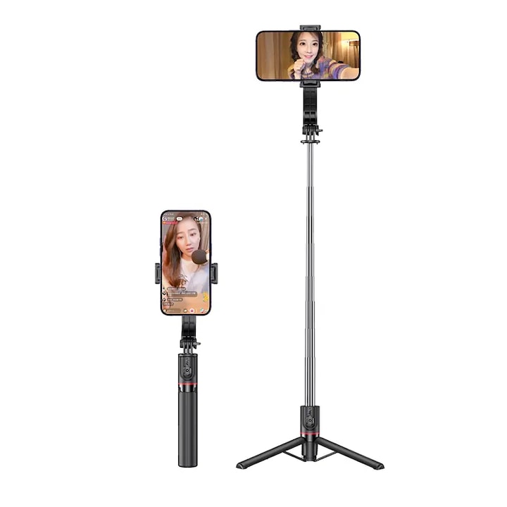 USAMS Selfie Stick / Телескопичен статив, регулируем до 113 cm с подвижно дистанционно управление и Bluetooth връзка, регулируем ъгъл на наклон и 360° завъртане, държач за телефон, черен