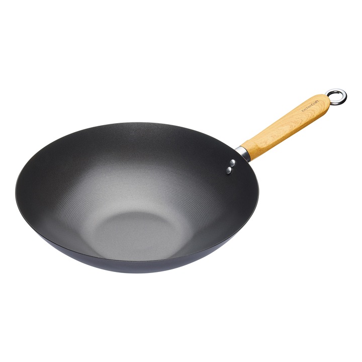 Tigaie wok, cu maner din lemn, 30 cm, otel carbon - Kitchen Craft