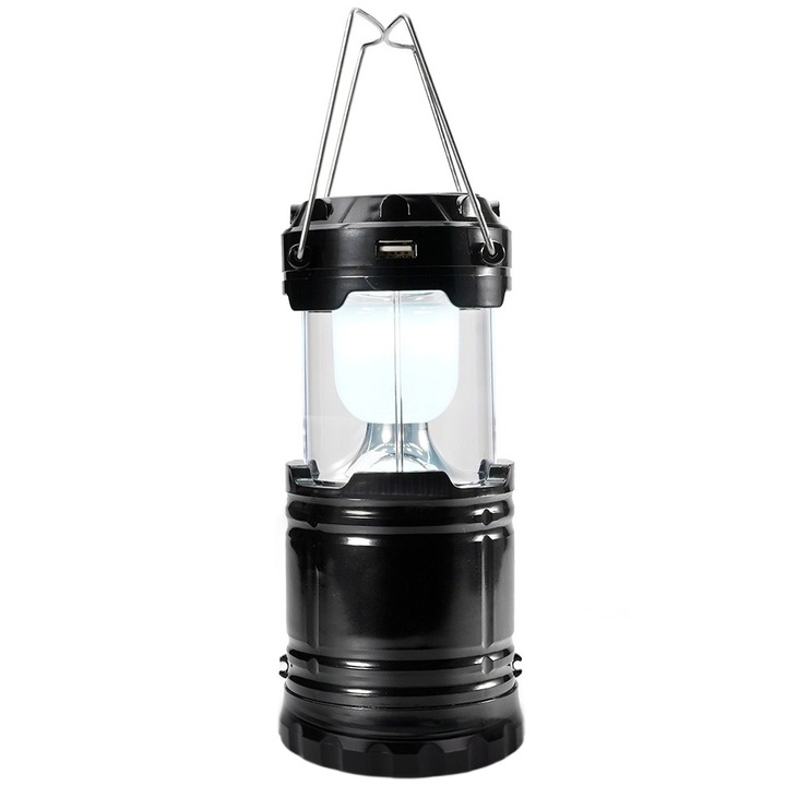 Lampa LED de camping cu Powerbank Solar, 230V, Baterii 3x AA/ Panou solar, 18,5 x 8,5 cm, Negru