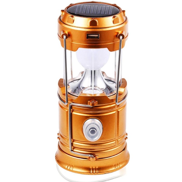 Lampa si lanterna Powerbank 3in1 LED, Camping turistic cu incarcare solara si la retea, 230V, Plastic/metal, Auriu
