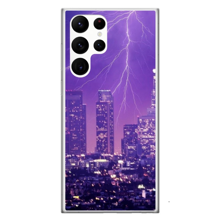Husa personalizata HQPrint si Folie de Silicon pentru Samsung Galaxy S24 Ultra, model Purple Lightning, multicolor, S1D1M0354