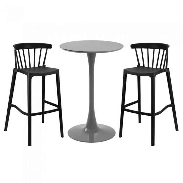 Set mobilier bar RAKI ASPEN, masa rotunda gri D60xh110cm si 2 scaune polipropilena negre 51x54xh103cm
