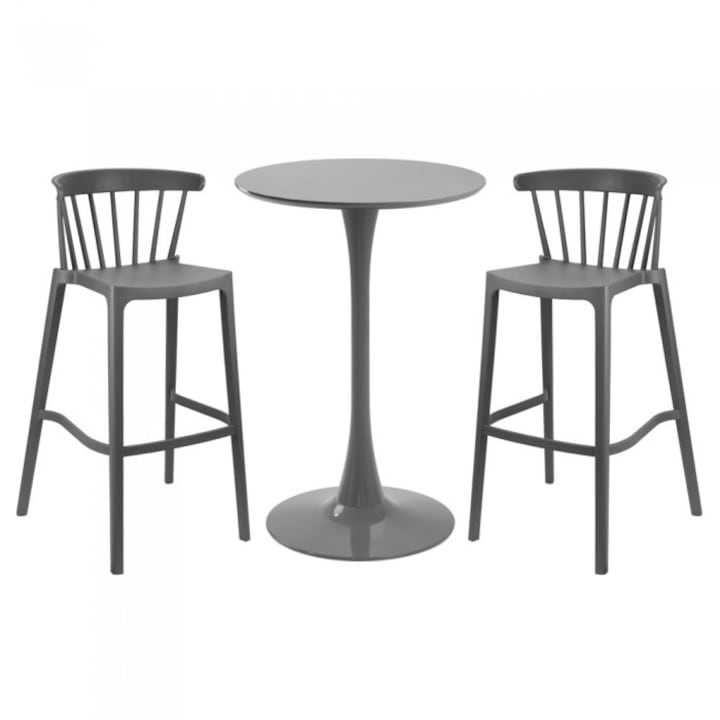 Set mobilier bar gri RAKI ASPEN, masa rotunda D60xh110cm si 2 scaune polipropilena 51x54xh103cm