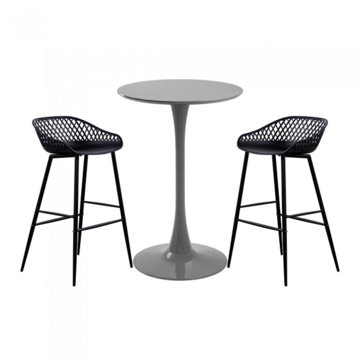 Set mobilier bar RAKI, masa rotunda gri D60xh110cm si 2 scaune Toyama negre 48x47xh95cm