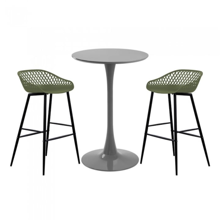 Set masa si scaune bar RAKI, 3 piese, masa rotunda gri D60xh110cm si 2 scaune Toyama verde/negru 48x47xh95cm