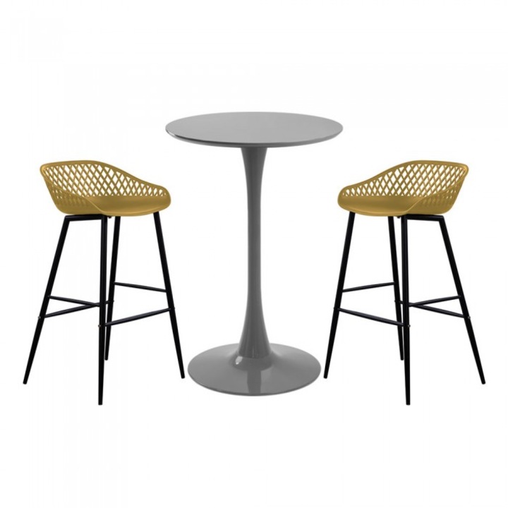 Set mobila bar RAKI, masa rotunda gri D60xh110cm si doua scaune Toyama galben/negru 48x47xh95cm