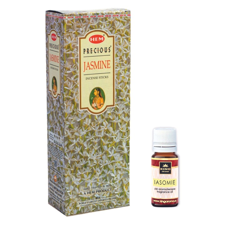 Pachet 120 betisoare parfumate HEM Iasomie si Ulei aromaterapie Iasomie Kingaroma, 10 ml