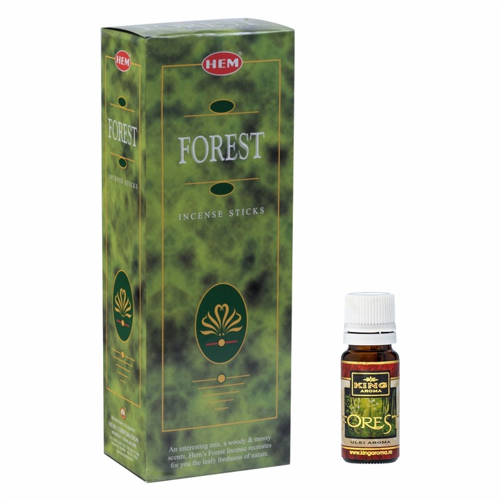 120 db-os HEM Forest illatosító rúd és Forest Kingaroma aromaterápiás olajos csomag, 10 ml