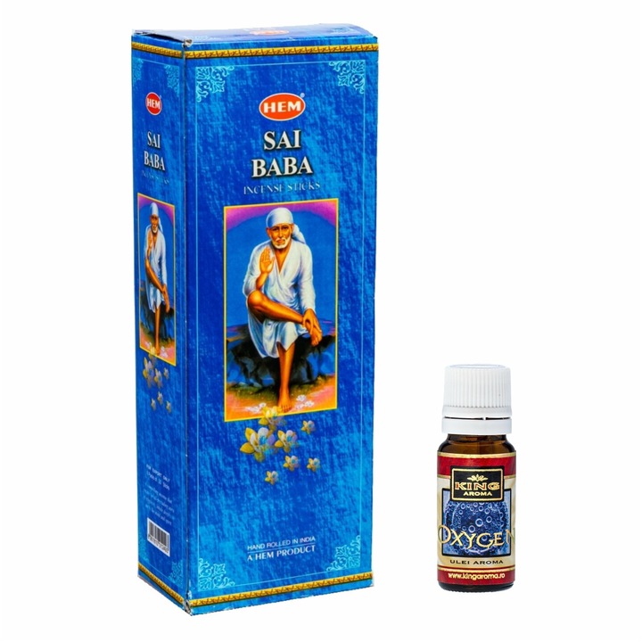 120 db-os illatosító rúd csomag HEM Sai Baba és Oxygen Kingaroma aromaterápiás olaj, 10 ml