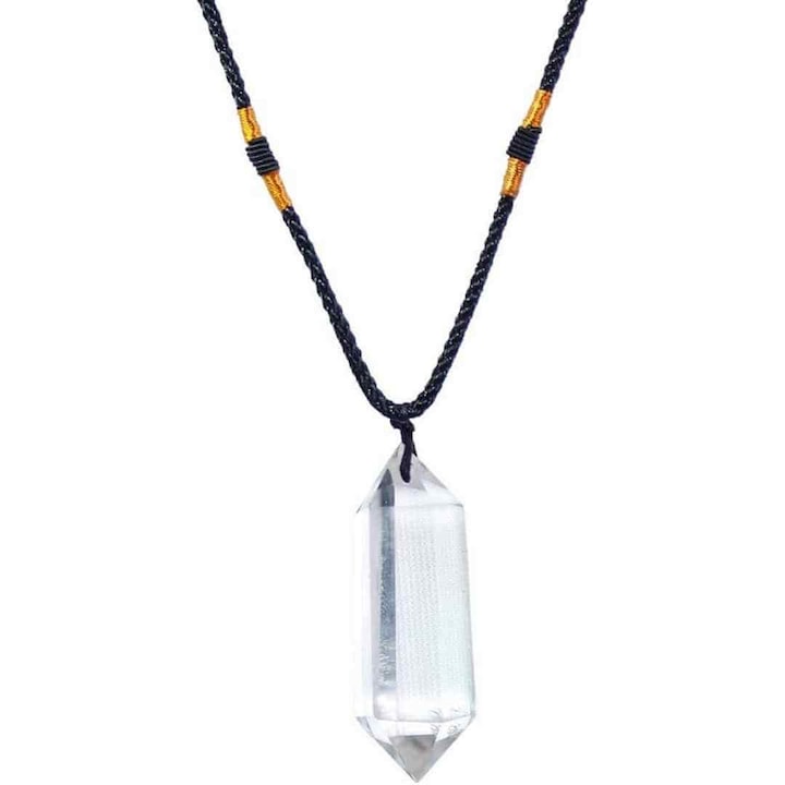 Colier cu cristal vindecator Cuart transparent 4-5 cm, in forma hexagonala cu dublu varf si saculet satin negru - pentru protectie, vointa si noroc