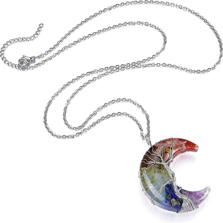 Nyaklánc félholddal és életfa medállal - Csiszolt kristálykőből, 7 csakrával és természetes gyantával