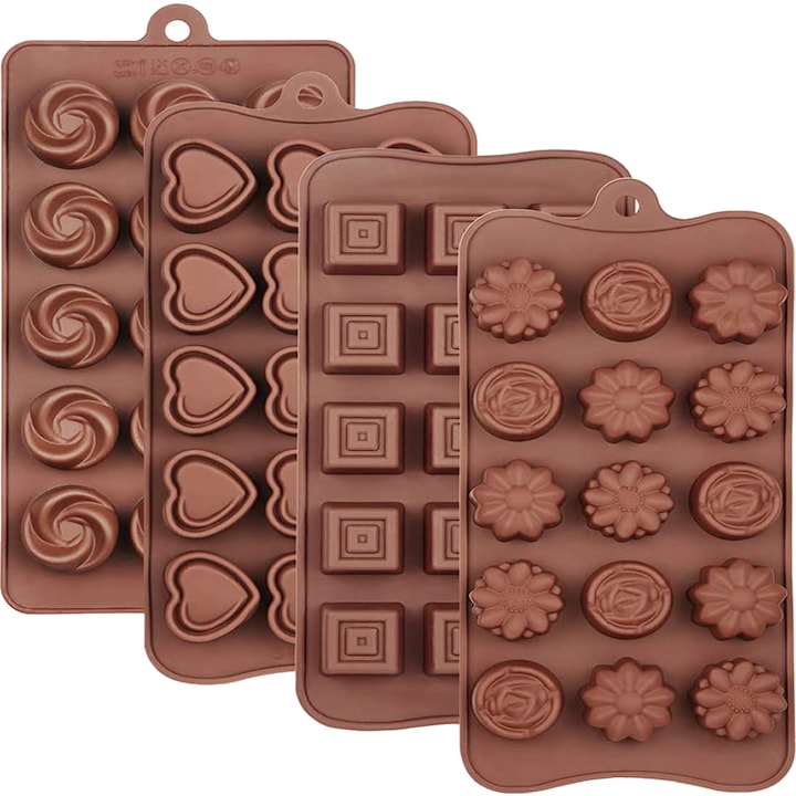 Set 4 Forme Silicon pentru Ciocolata sau Prajituri, Bukate, Matrita decorare sau Cuburi de Gheata, maro
