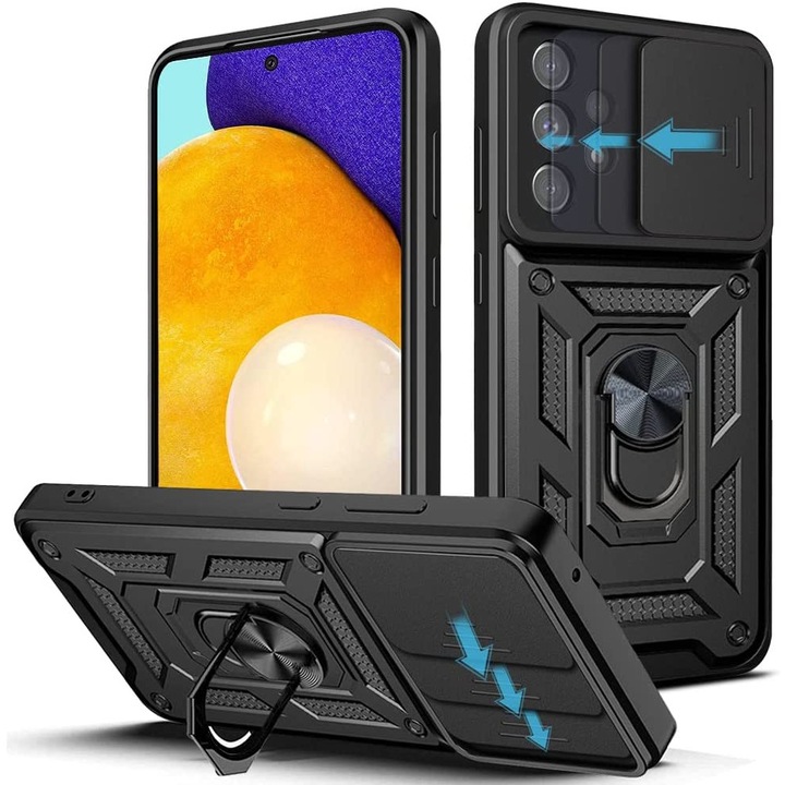 Husa Samsung Galaxy A52 5G/4G&A52s 5G, husa de protectie pentru camera cu capac al lentilei glisant si suport inel pentru PC dur si husa din silicon TPU anti-soc anti-zgarieturi - negru