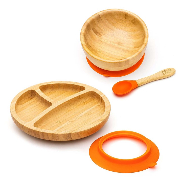 Set diversificare Dodoli din bambus eco pentru bebelusi cu bol, farfurie, lingurita, Portocaliu