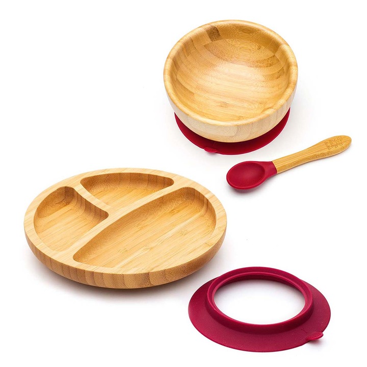 Set diversificare Dodoli din bambus eco pentru bebelusi cu bol, farfurie, lingurita, Visiniu