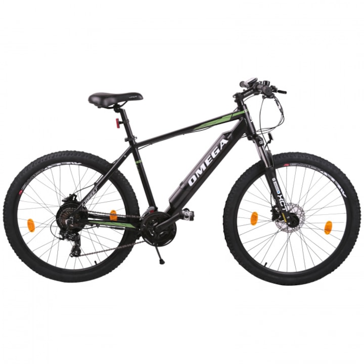 Bicicleta electrica Omega Liohult 29 inch, cadru aluminiu, baterie 36V/12.8Ah Lithium-Ion, display, motor Bafang, pana la 25km/h, frana hidraulica pe disc, negru/verde/alb