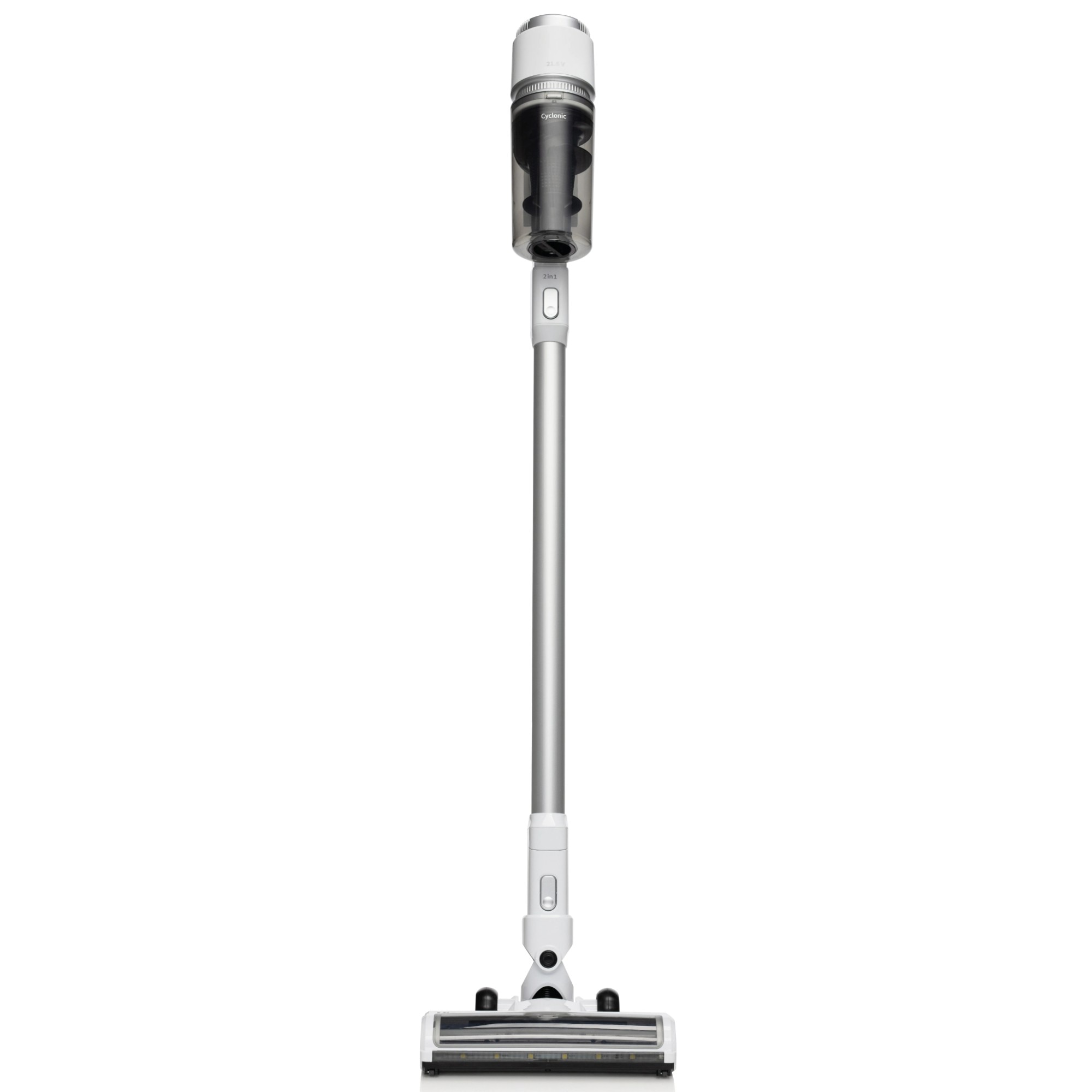 Aspirator vertical Hisense, fara sac, fara fir, aspirare uscata, 110 W, 0.5 litri, 21.6 V, LED avertizare umplere, indicator incarcare baterie, alb si argintiu