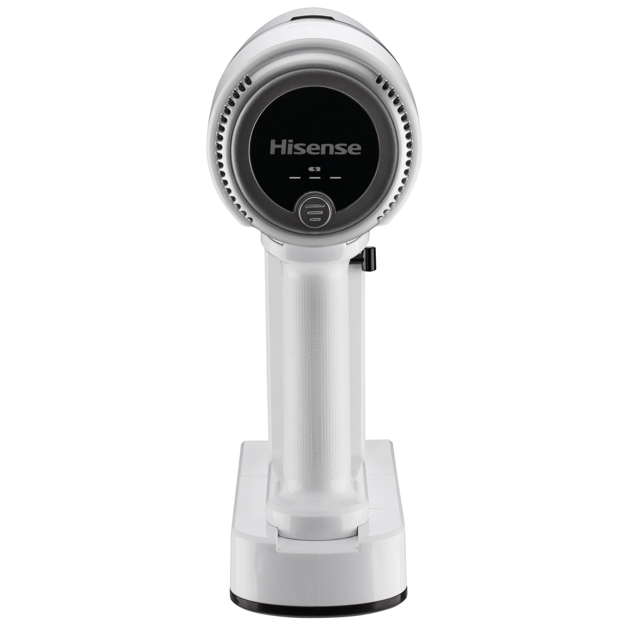 Aspirator vertical Hisense, fara sac, fara fir, aspirare uscata, 110 W, 0.5 litri, 21.6 V, LED avertizare umplere, indicator incarcare baterie, alb si argintiu