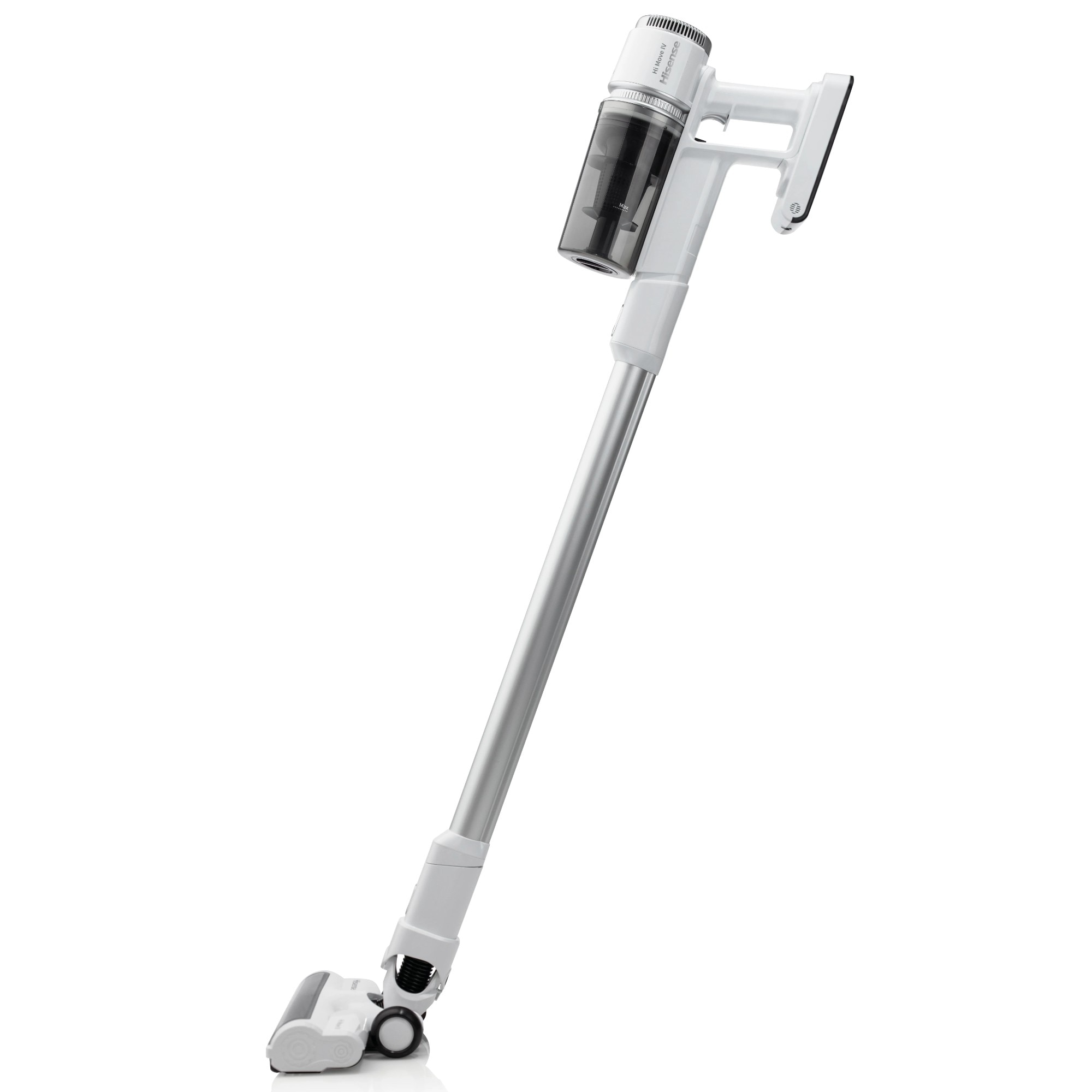 Aspirator vertical Hisense, fara sac, fara fir, aspirare uscata, 110 W, 0.5 litri, 21.6 V, LED avertizare umplere, indicator incarcare baterie, alb si argintiu