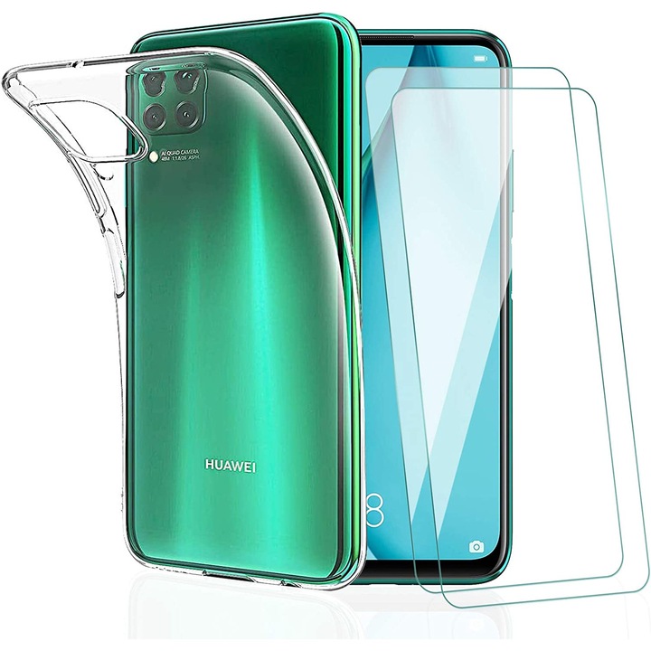 Комплект калъф и 2 предпазни фолиа, За Huawei P40 Lite 4G, Термопластично, Предпазно стъкло, Прозрачно
