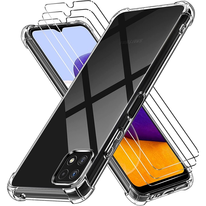 Кейс за Samsung Galaxy A22 5G с 3 защитни фолиа за екрана, TPU/Safety glass, Прозрачен