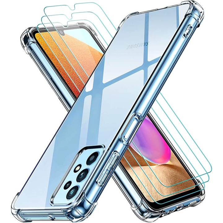 Протектор за Samsung Galaxy A32 4G, с протектори за екран, 3 части, прозрачен, силикон
